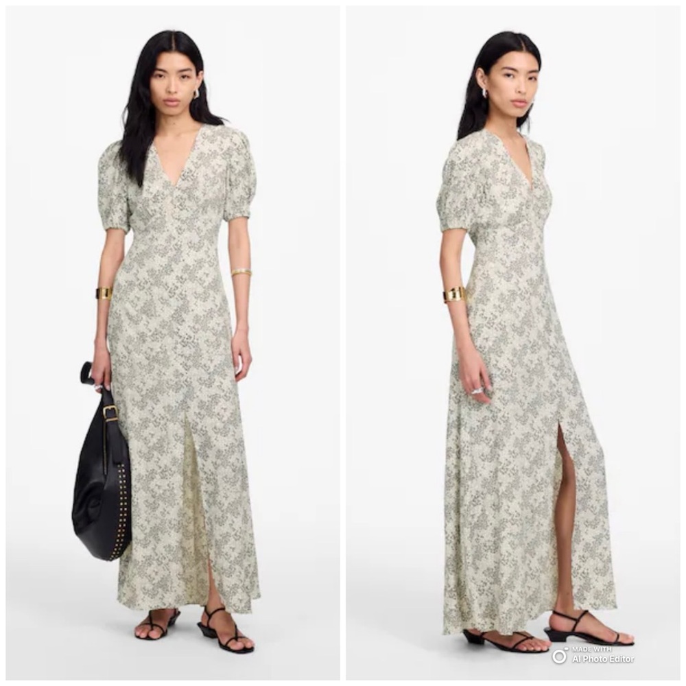 Madewell Size 10 Puff-Sleeve V-Neck Maxi Dress NWT Floral Print Ivory & Black